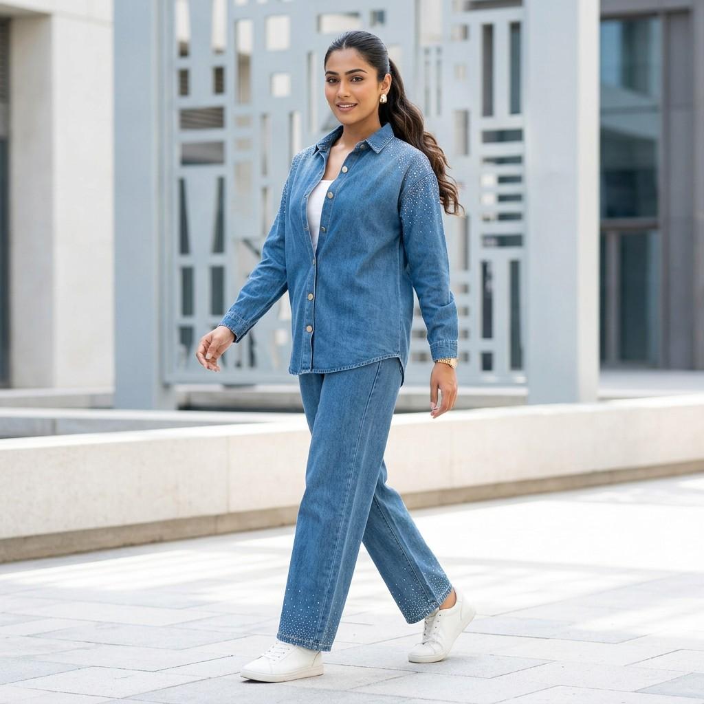 Blue Embellished Denim Co-ord Set