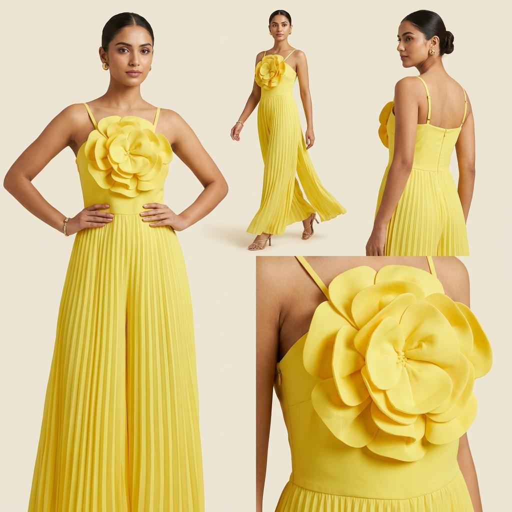 Yellow Floral Applique Pleated Jumpsuit - One Variant