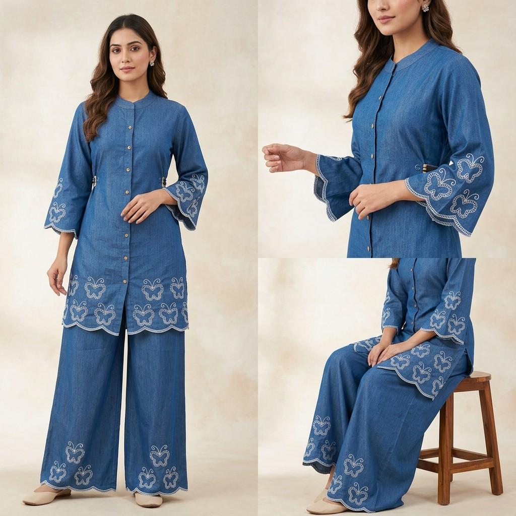 Blue Butterfly Embroidered Kurta & Palazzo Set