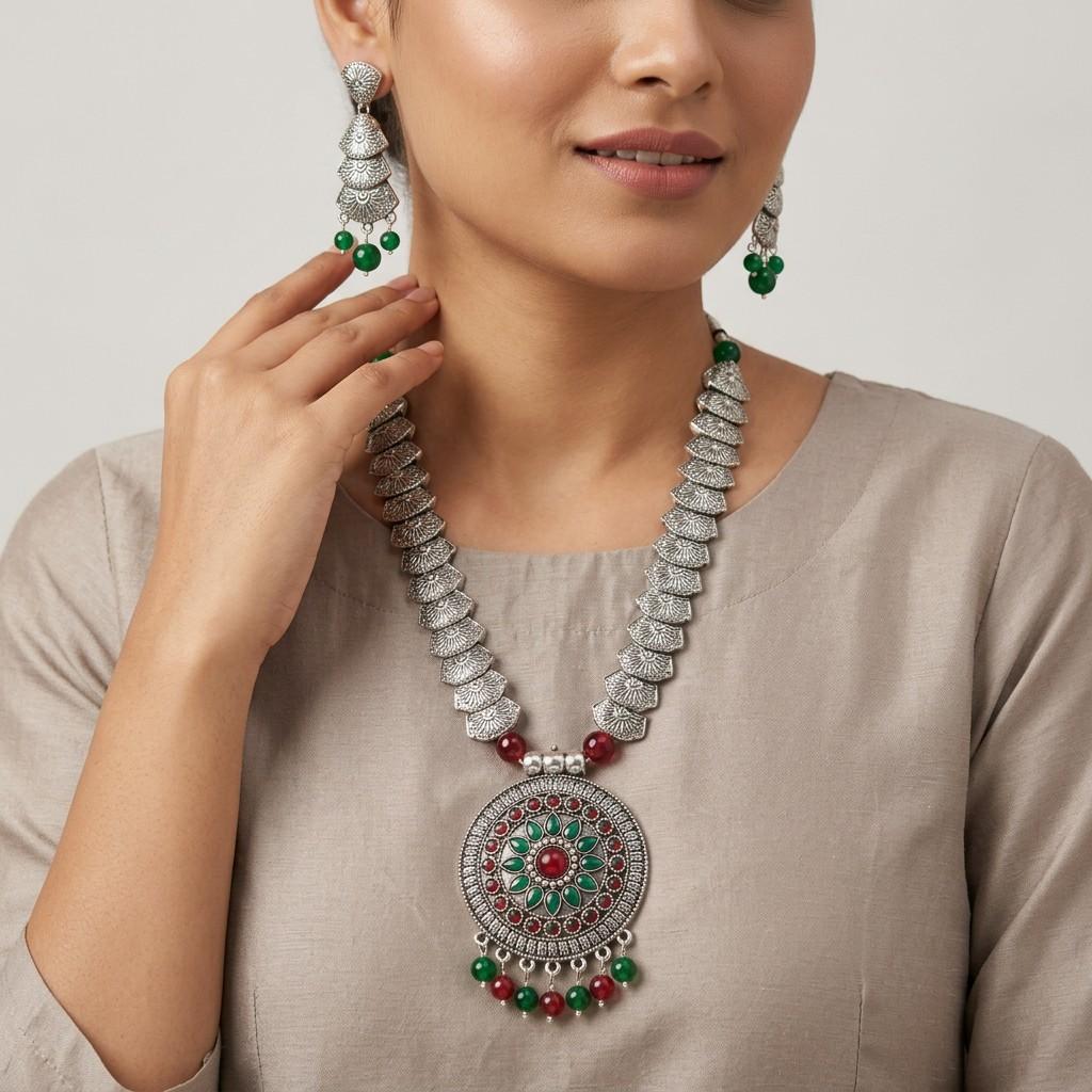 Oxidized Silver Necklace and Earring Set with Green & Red Beads