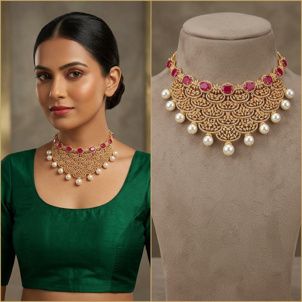 Gold-tone Filigree Choker with Pearl Drops