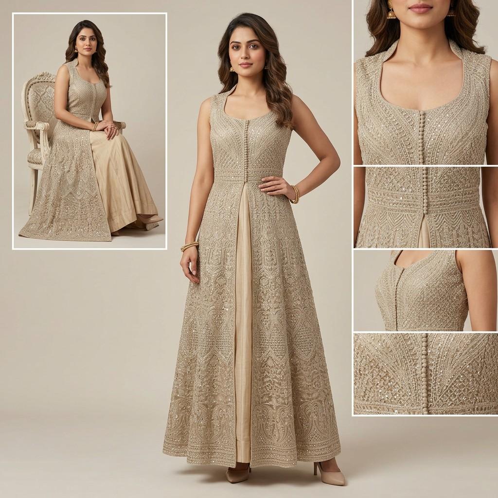 Beige Embroidered Anarkali Gown
