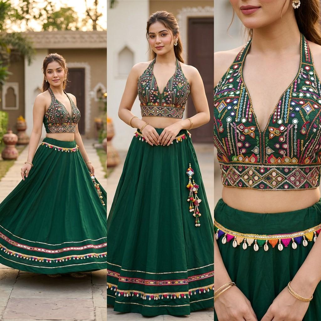 Multicolor & Dark Green Embroidered Lehenga Choli Set
