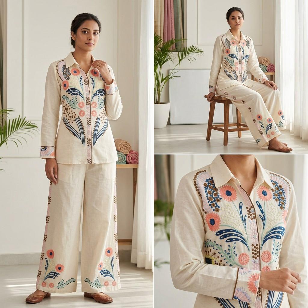 Cream Embroidered Kurta with Palazzo