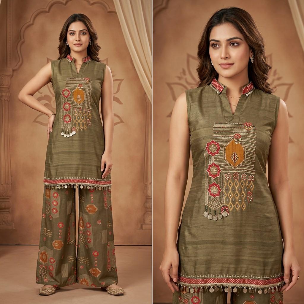 Olive Green Embroidered Kurta Set