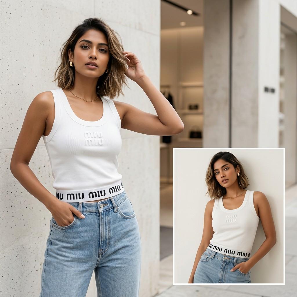 White Ribbed Knit Tank Top with Logo