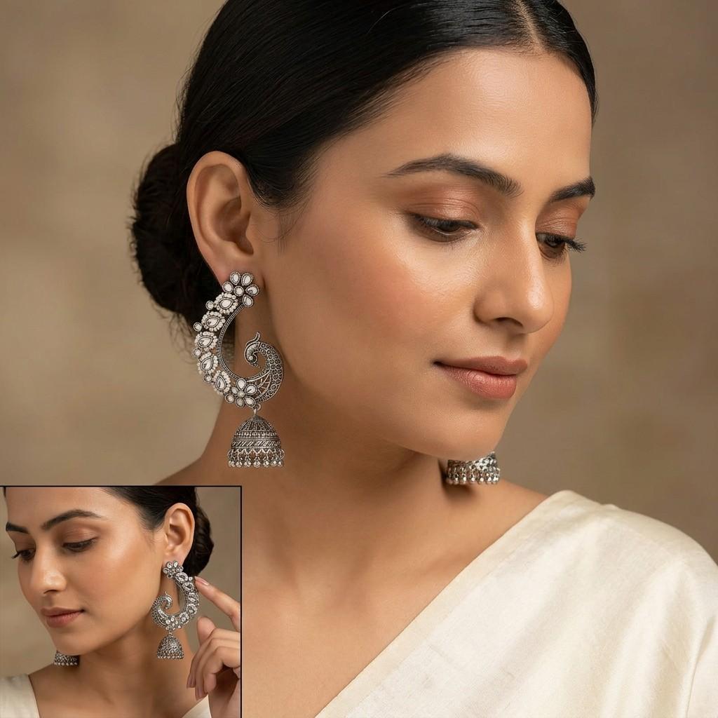Single pair - Oxidised Kundan Jhumka Earrings