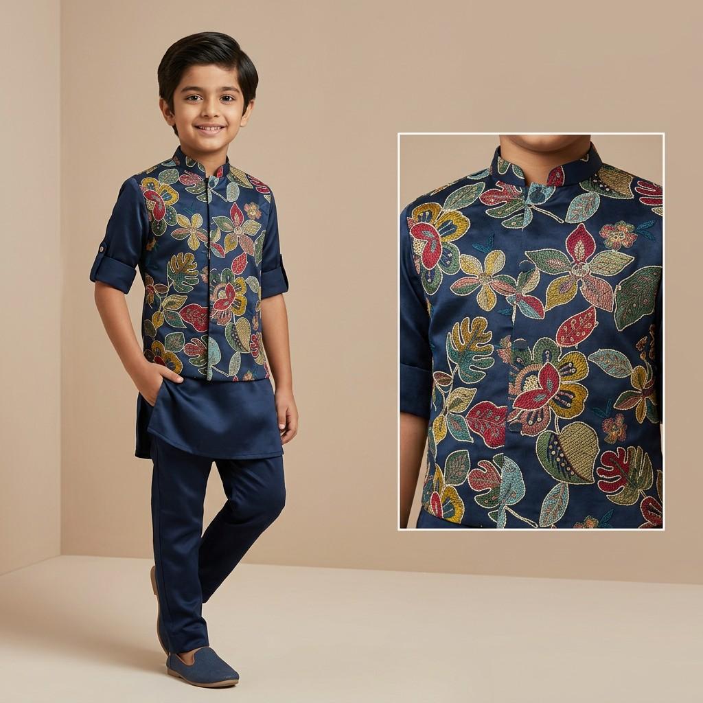 Navy Blue Embroidered Floral Kurta Set