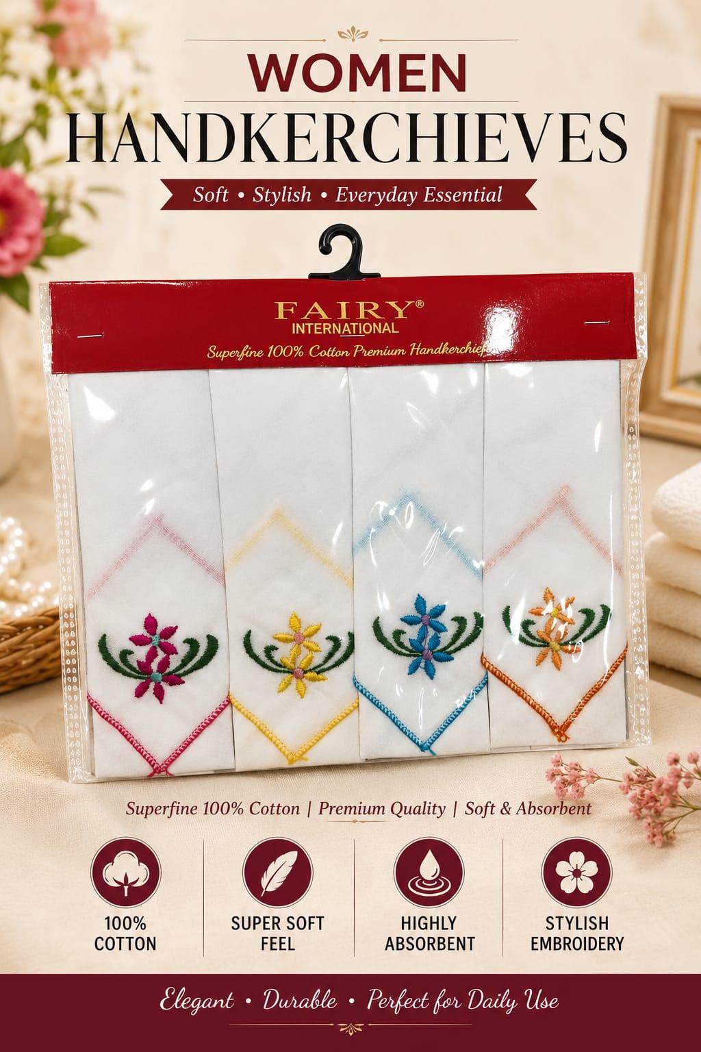 4-piece White Embroidered Cotton Handkerchiefs Pack