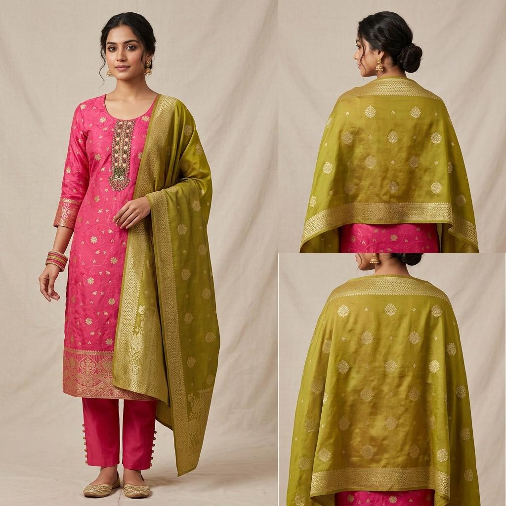 Pink Embroidered Straight Kurta Set with Olive Dupatta - Single Variant