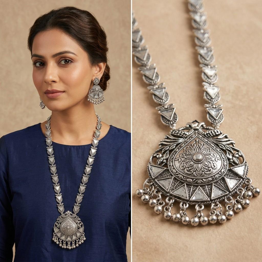 Oxidized Silver-Tone Necklace Set (Pendant + Jhumka Earrings)