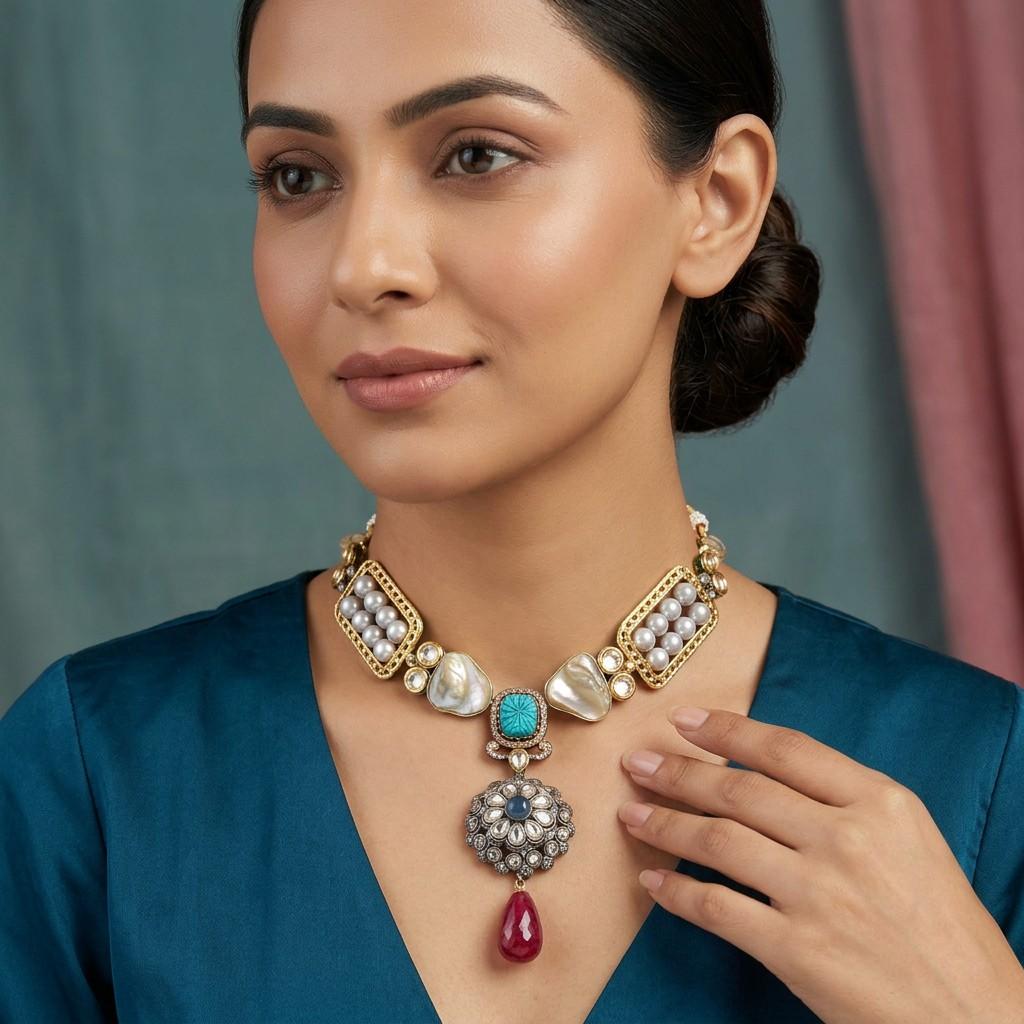 Gold-Tone Choker Necklace with Pendant