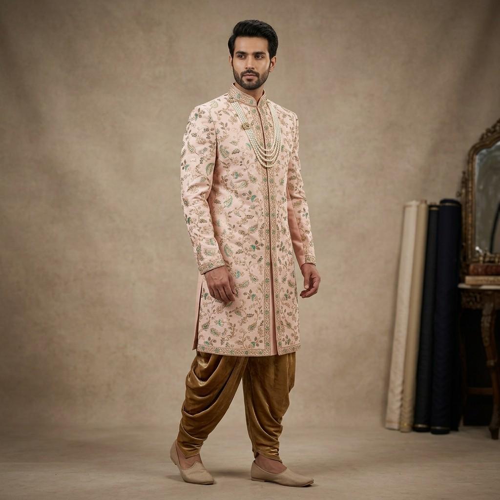 Pastel Pink Embroidered Sherwani with Dhoti Pants