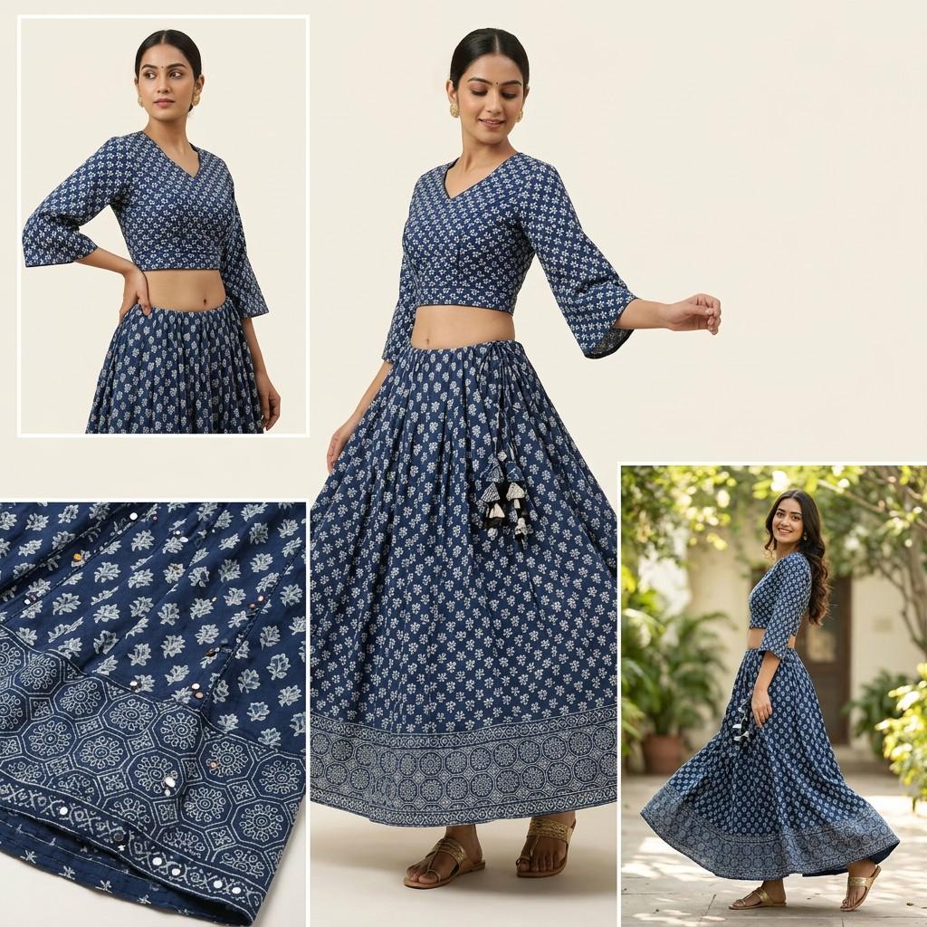 Indigo Block Print Lehenga Choli Set
