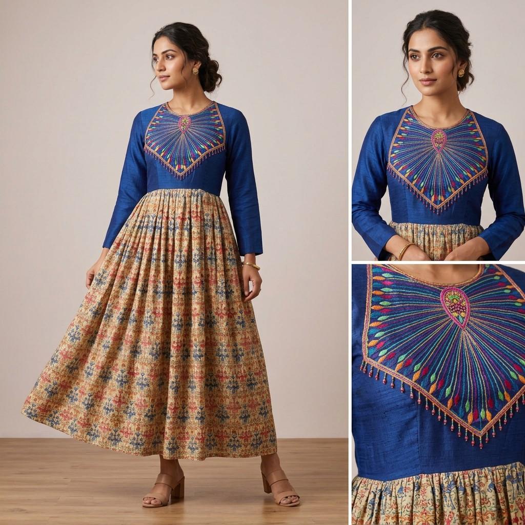 Blue embroidered yoke, printed flared skirt