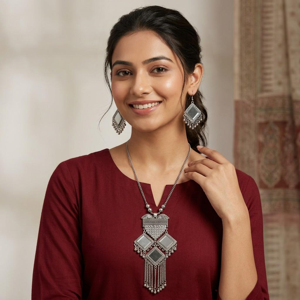 Oxidized Silver Mirror Necklace & Earring Set