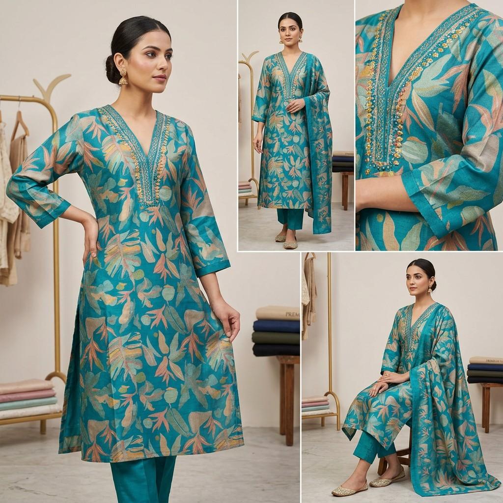 Teal Printed Kurta Set with Embroidered V‑Neck - Single Variant