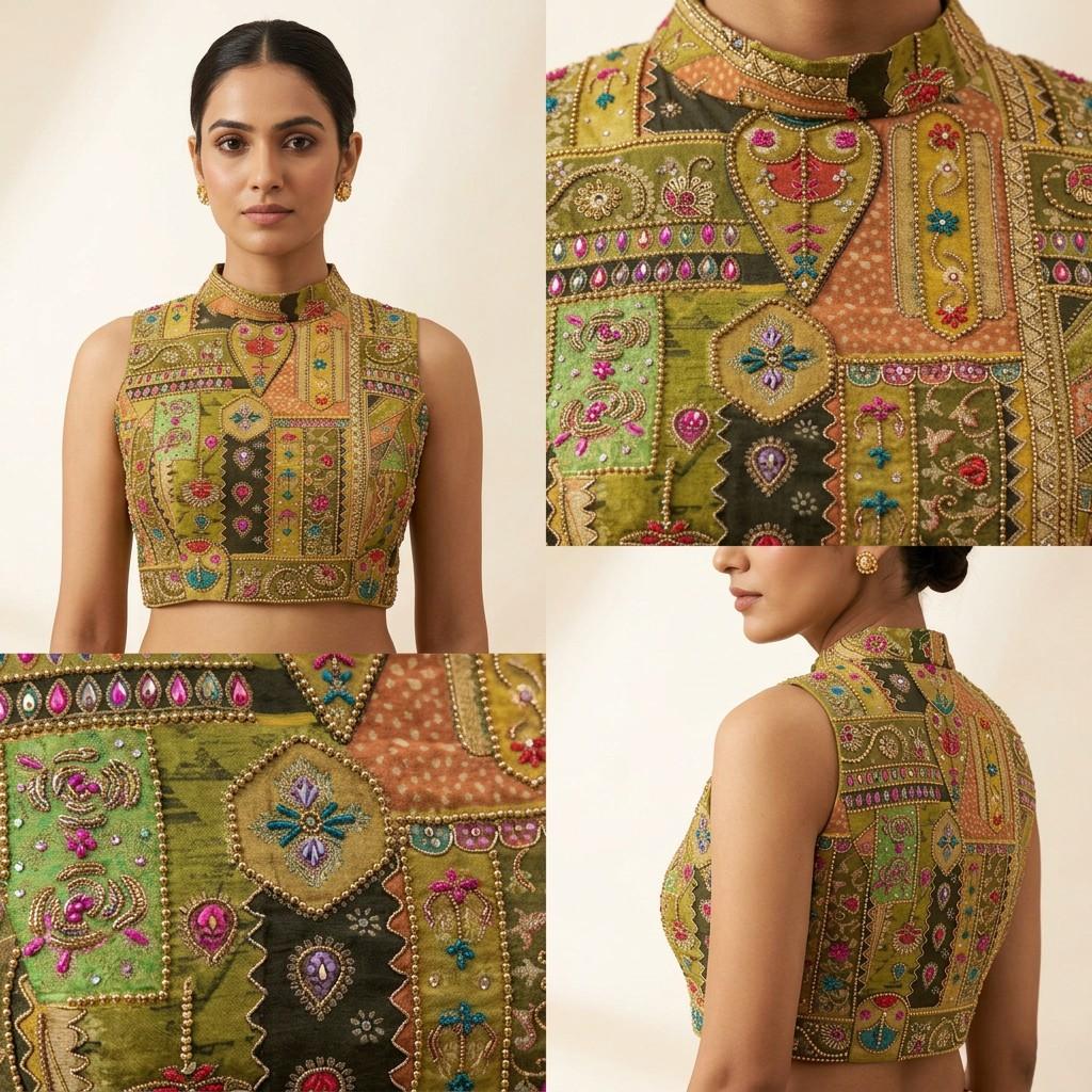 Olive Green Embroidered High-Neck Blouse (single piece)