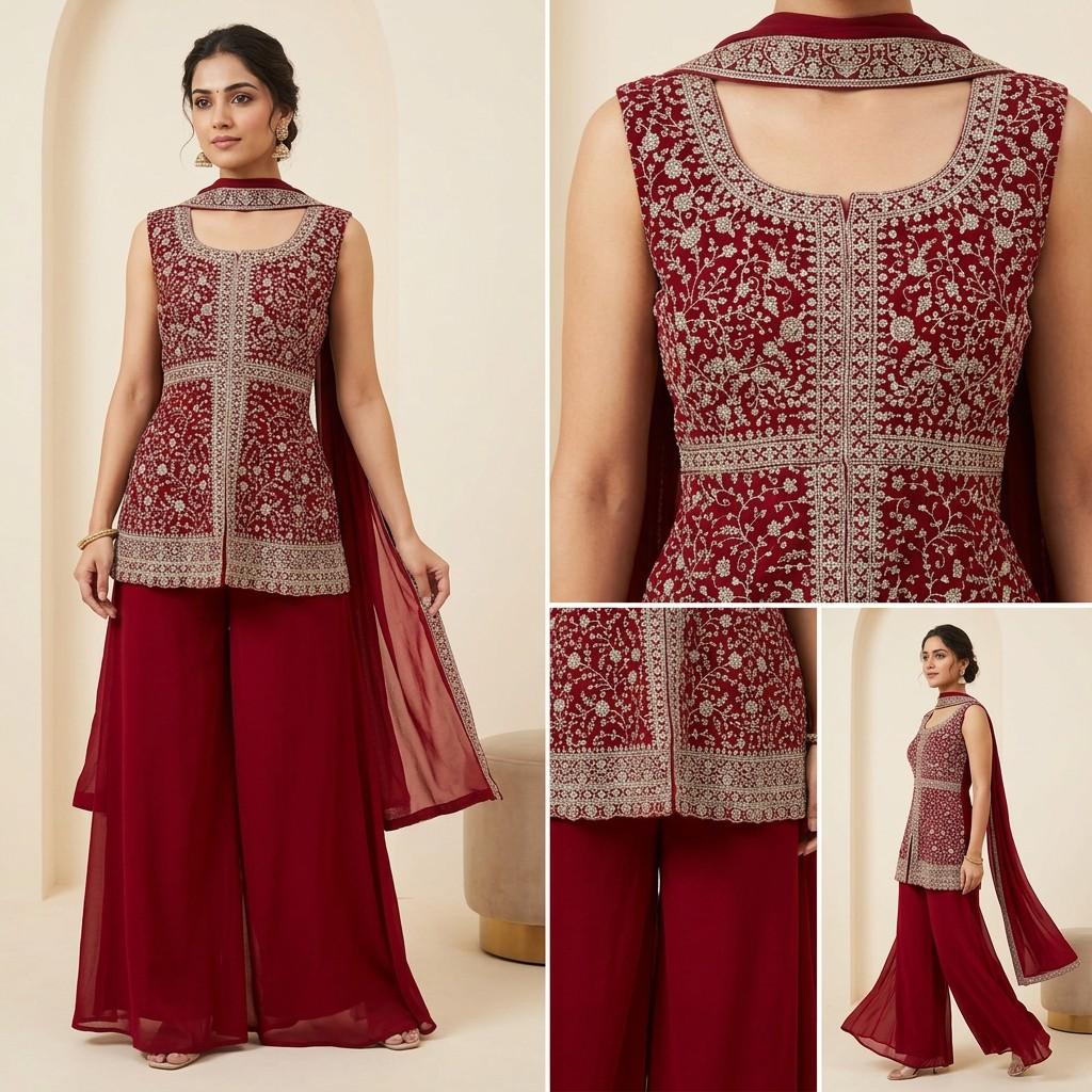 Deep Red Embroidered Kurta with Palazzo (Sleeveless)