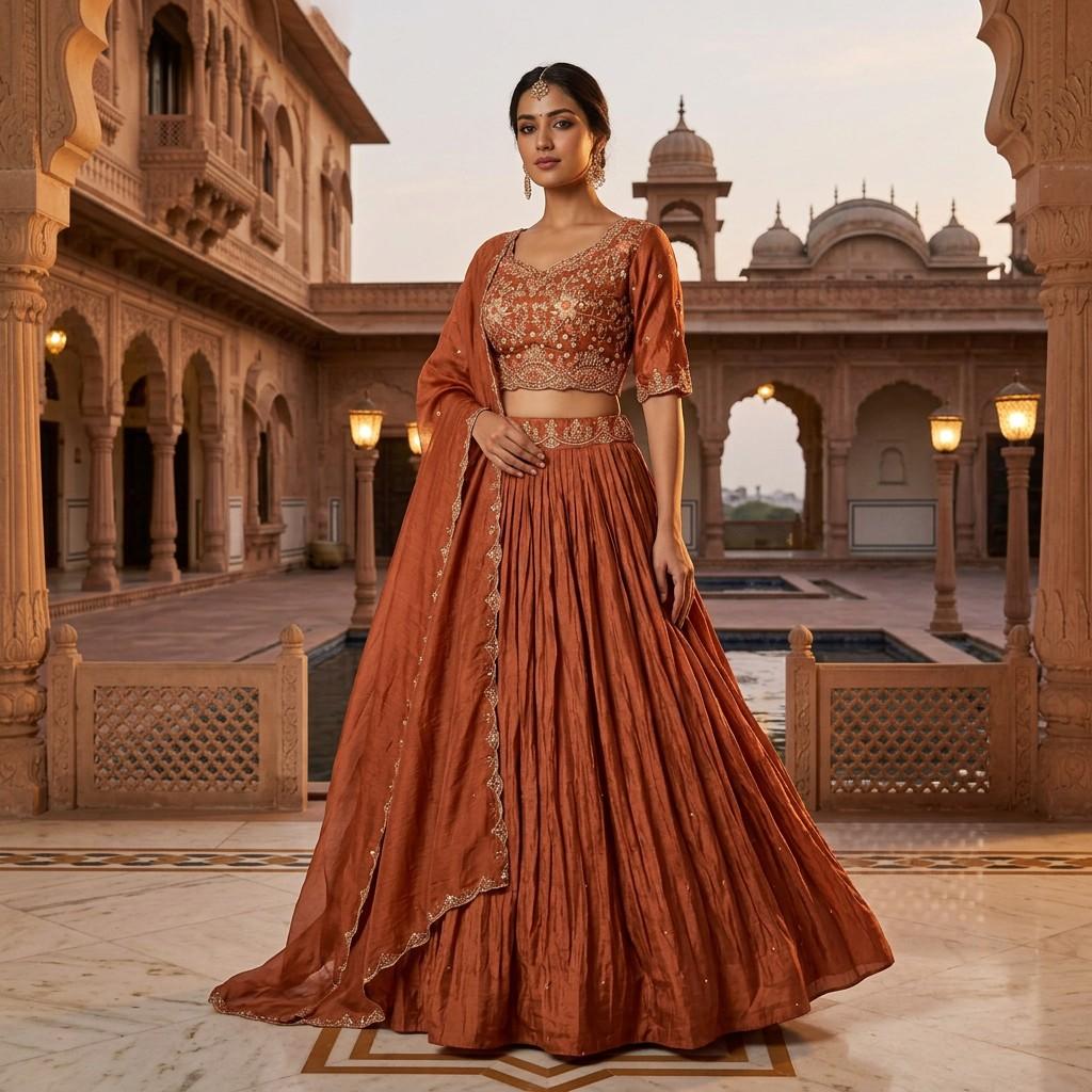 Rust Embroidered Lehenga Set