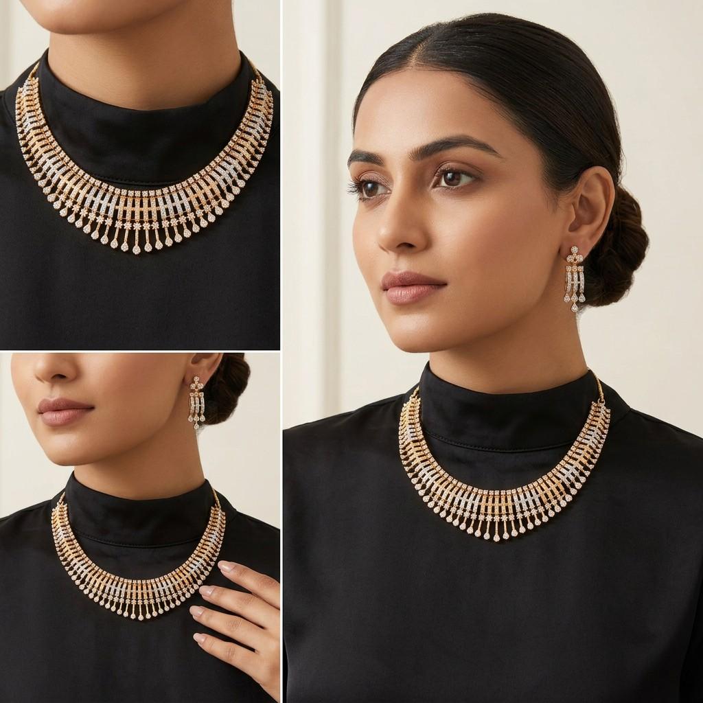 Gold & White Stone Bib Necklace with Matching Earrings