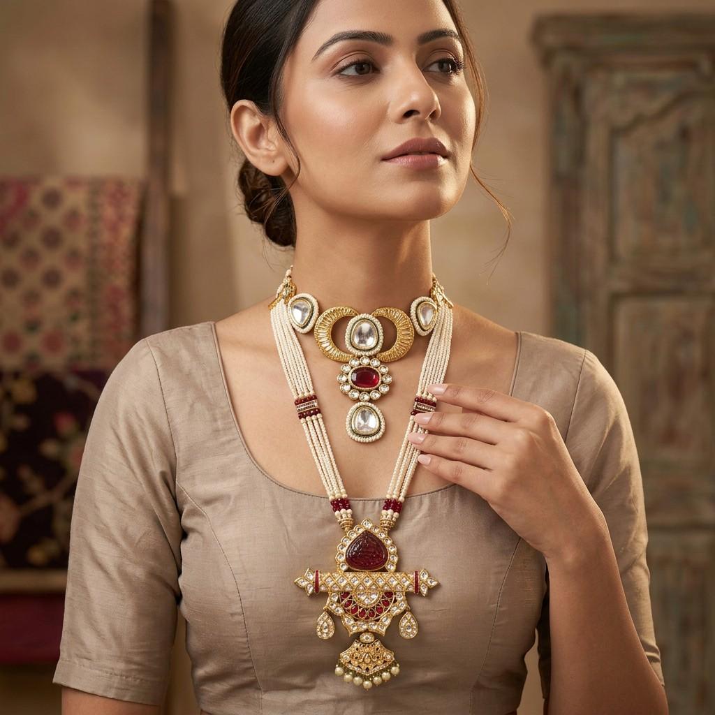 Gold-Tone Layered Kundan Necklace with Pendant