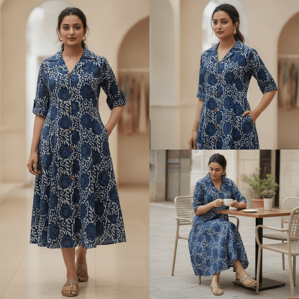 Indigo Block-Print Button-Front Shirt Dress - Single Variant