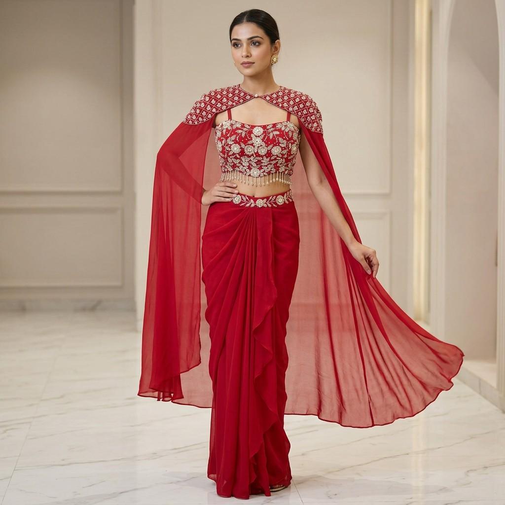 Default (Single-piece saree set with embroidered blouse & cape)