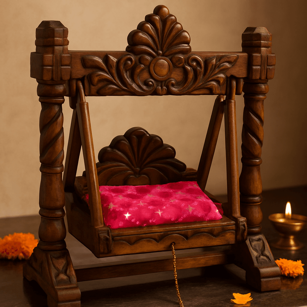 Single carved wooden idol swing with cushion