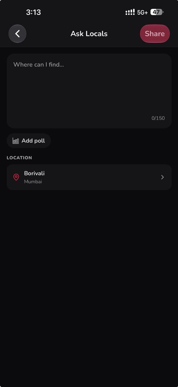 The Ask Locals composer in the Glymp app with a question box, an Add poll button and the location set to Borivali, Mumbai