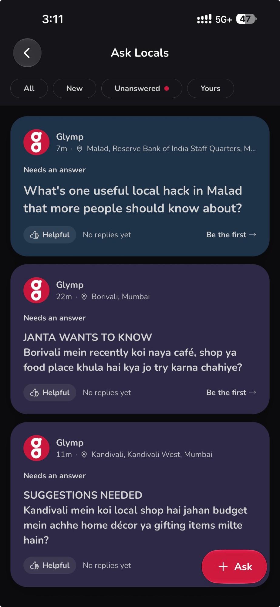 The Ask Locals screen in the Glymp app: a list of neighbourhood questions tagged Malad, Borivali and Kandivali, each marked Needs an answer, with filters for All, New, Unanswered and Yours