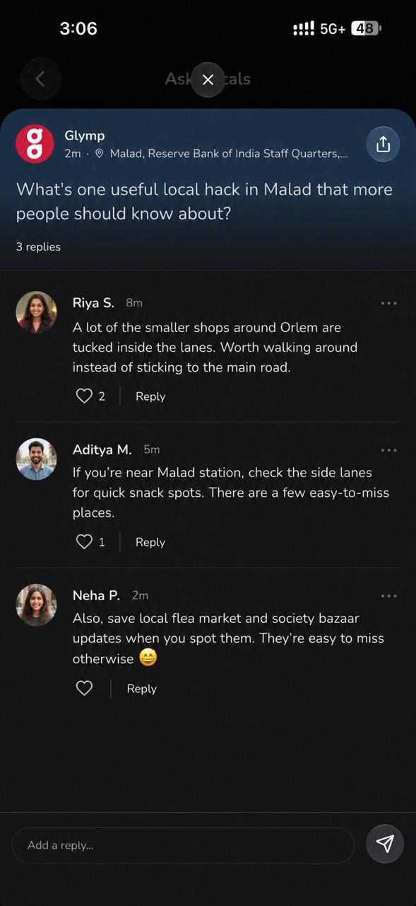 A question about Malad in the Glymp app with three replies underneath, each with likes and a Reply button, and a box to add a reply
