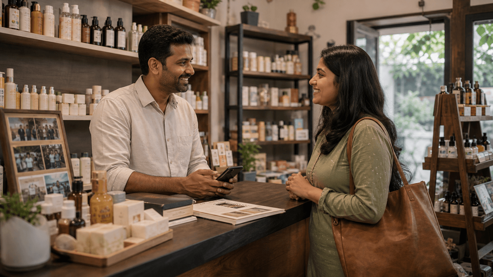 A local shop owner and repeat customer build trust across the counter.