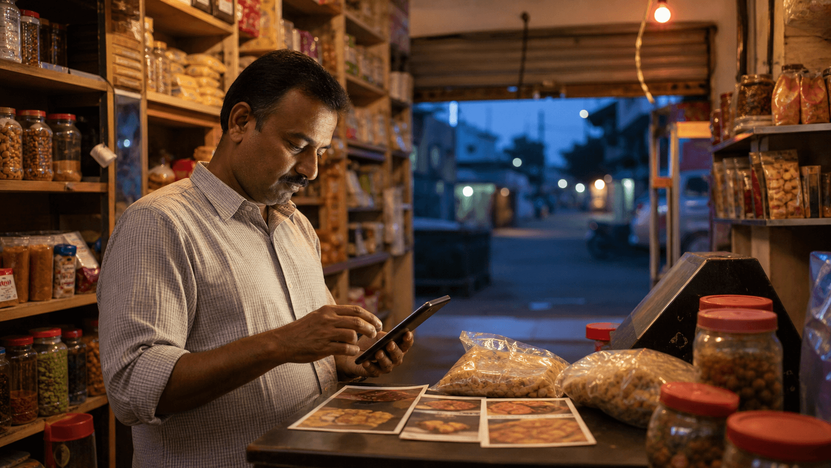 A shop owner updates product information while the store remains visible after closing.