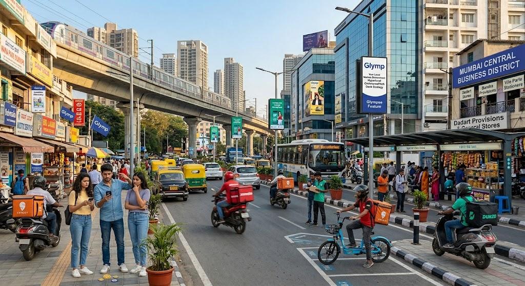 A busy Mumbai street where commuters scroll on phones while delivery riders pass — illustrating the gap between the delivery layer that got built and the discovery layer that didn't.