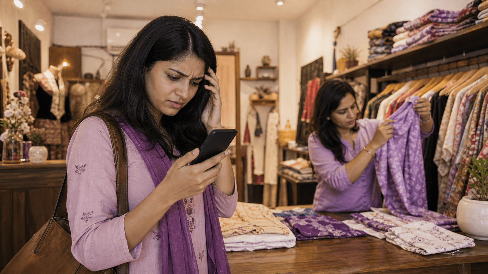 A boutique owner helps a customer who is checking product details on a phone.