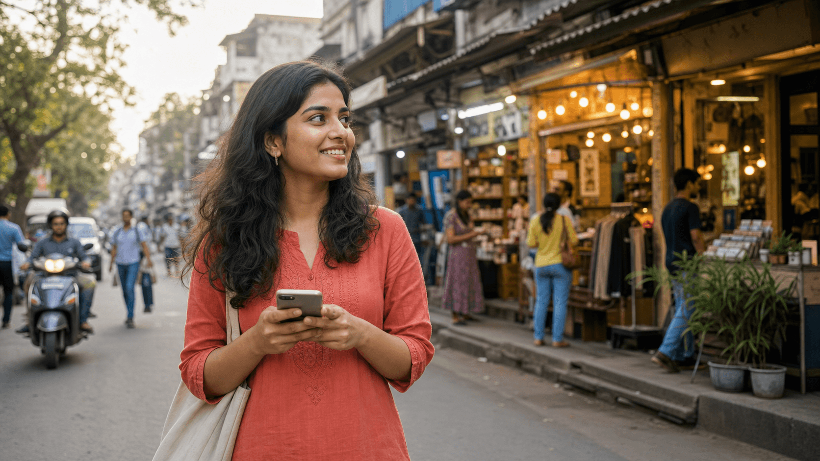 A shopper discovers local stores on a lively neighbourhood street.