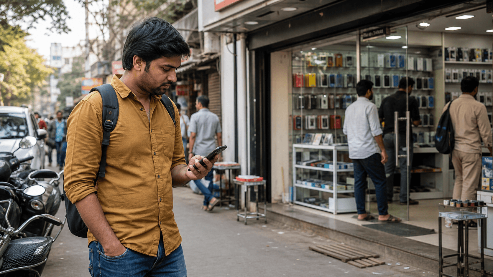 A nearby customer searches on a phone while a local store sits just behind them.