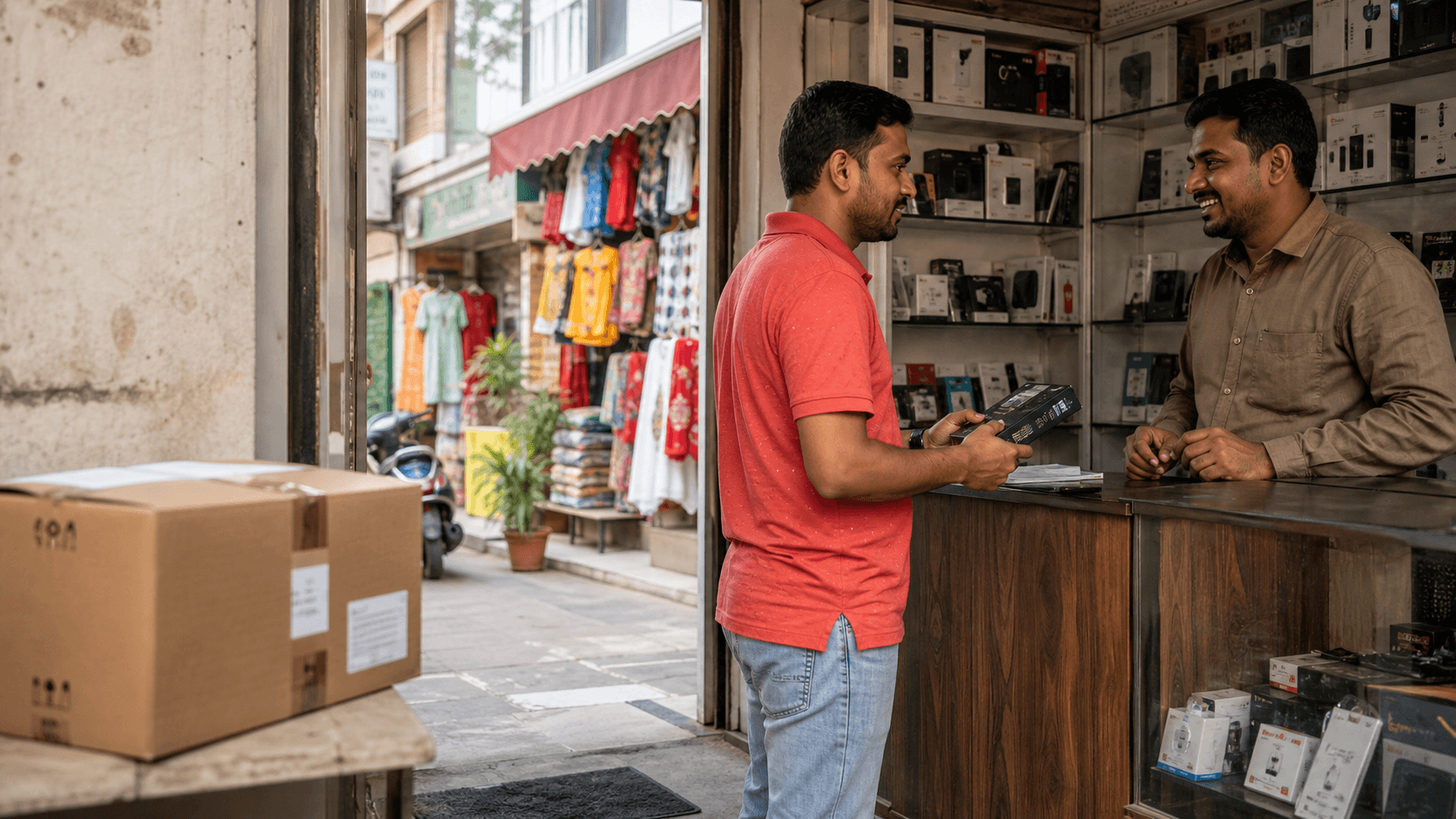 A customer speaks with a local shop owner while comparing an in-store purchase.