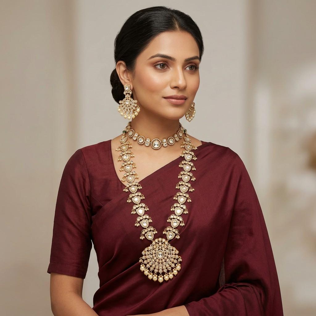 Gold-Tone Kundan Long Haar + Choker & Matching Earrings