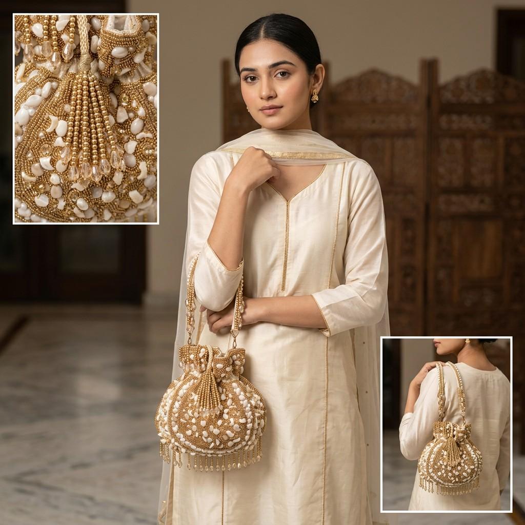 Gold & Ivory Beaded Potli