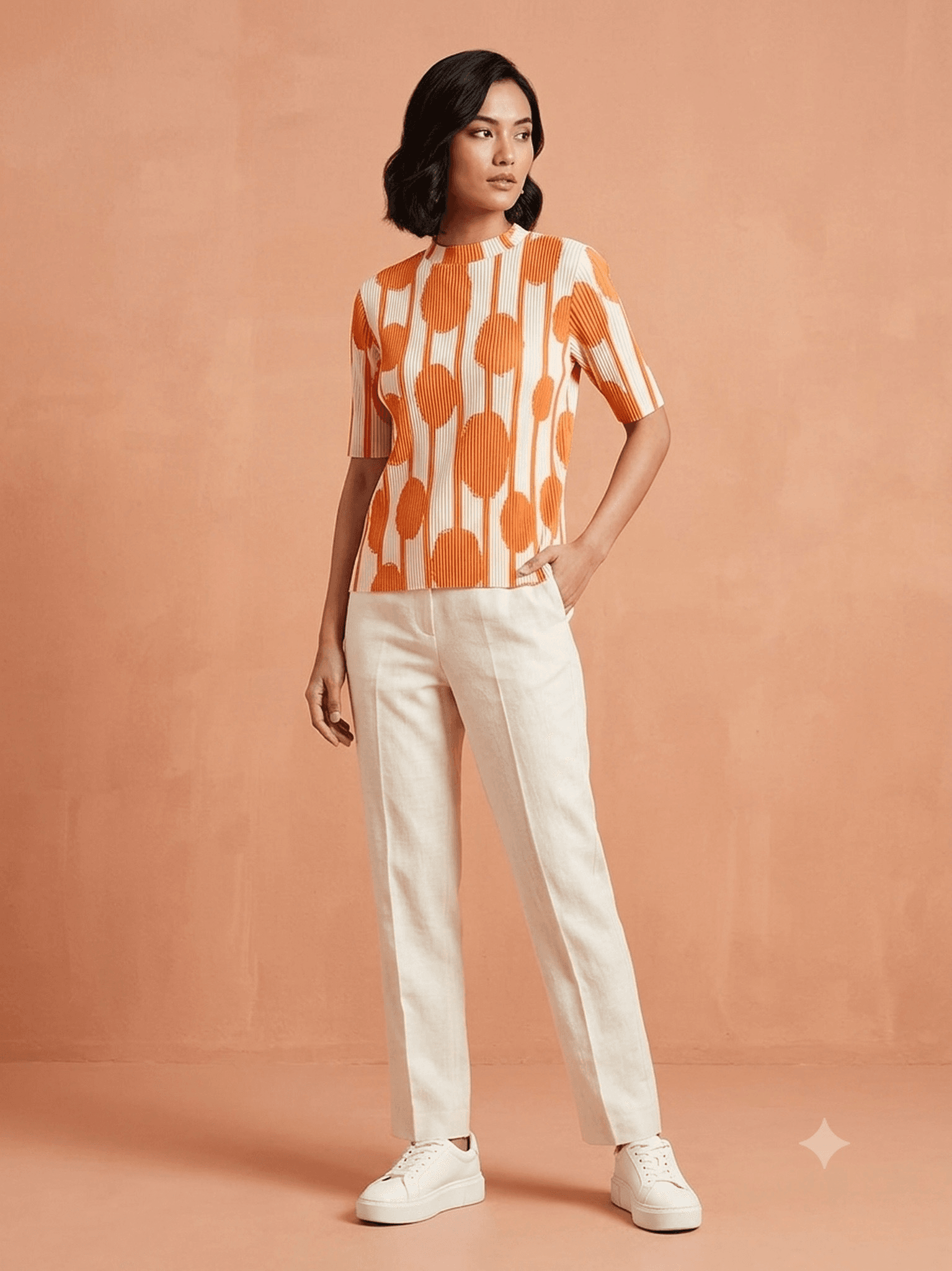 Orange & Off-White Pleated Geometric Top