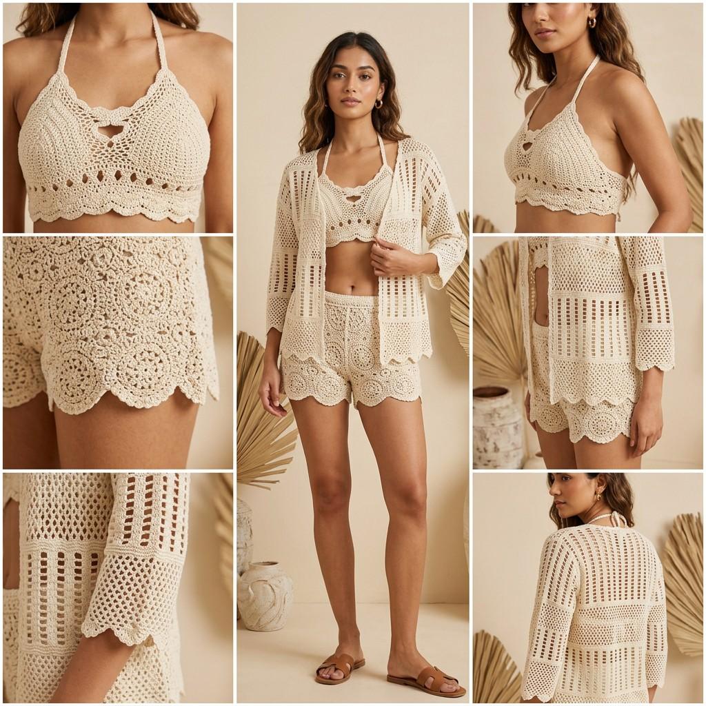 Cream Crochet Bralette + Open-front Cardigan + Crochet Shorts (Set)