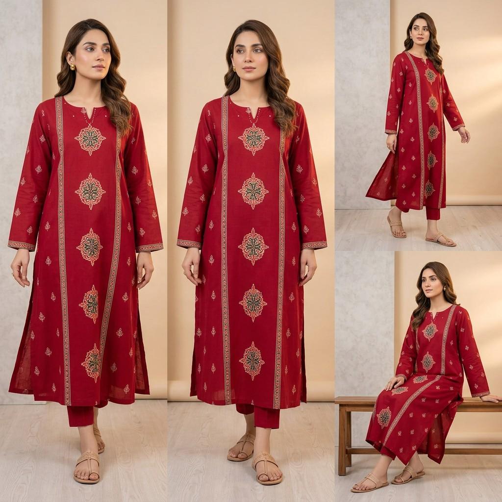 Red Printed Straight Kurta