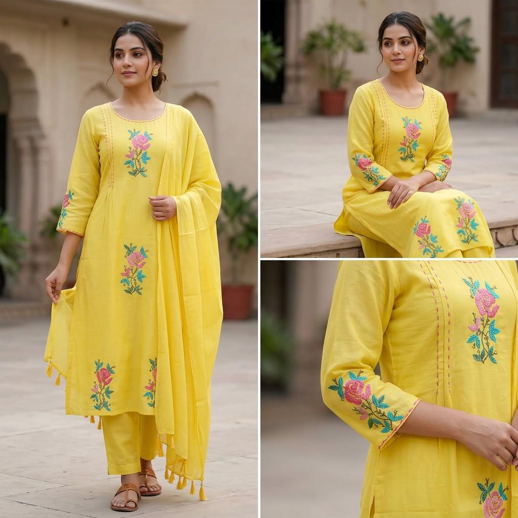 Yellow Floral Embroidered Kurta Set