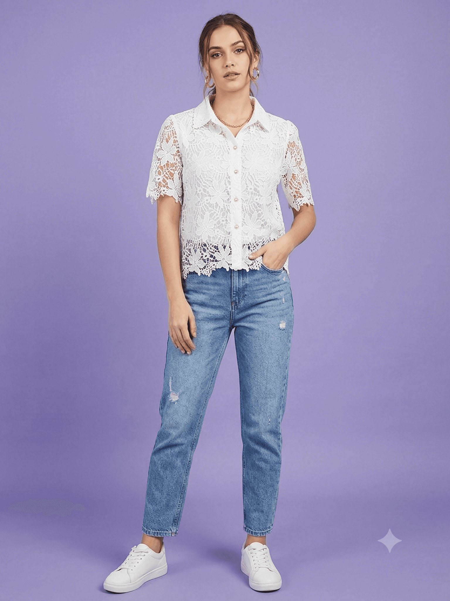 White Lace Button-Down Shirt