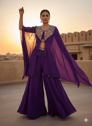 Purple Embroidered Cape Set