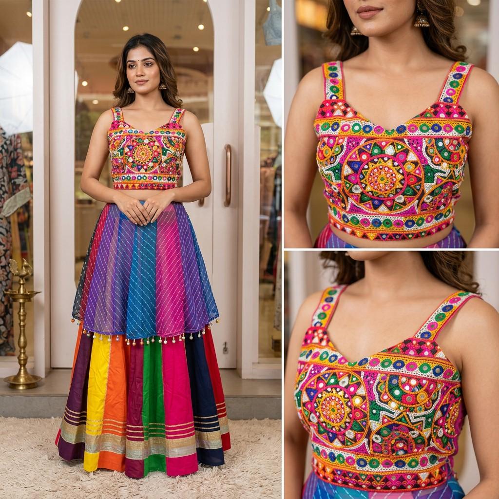 Multicolour Embroidered Crop Top with Flared Skirt - single set