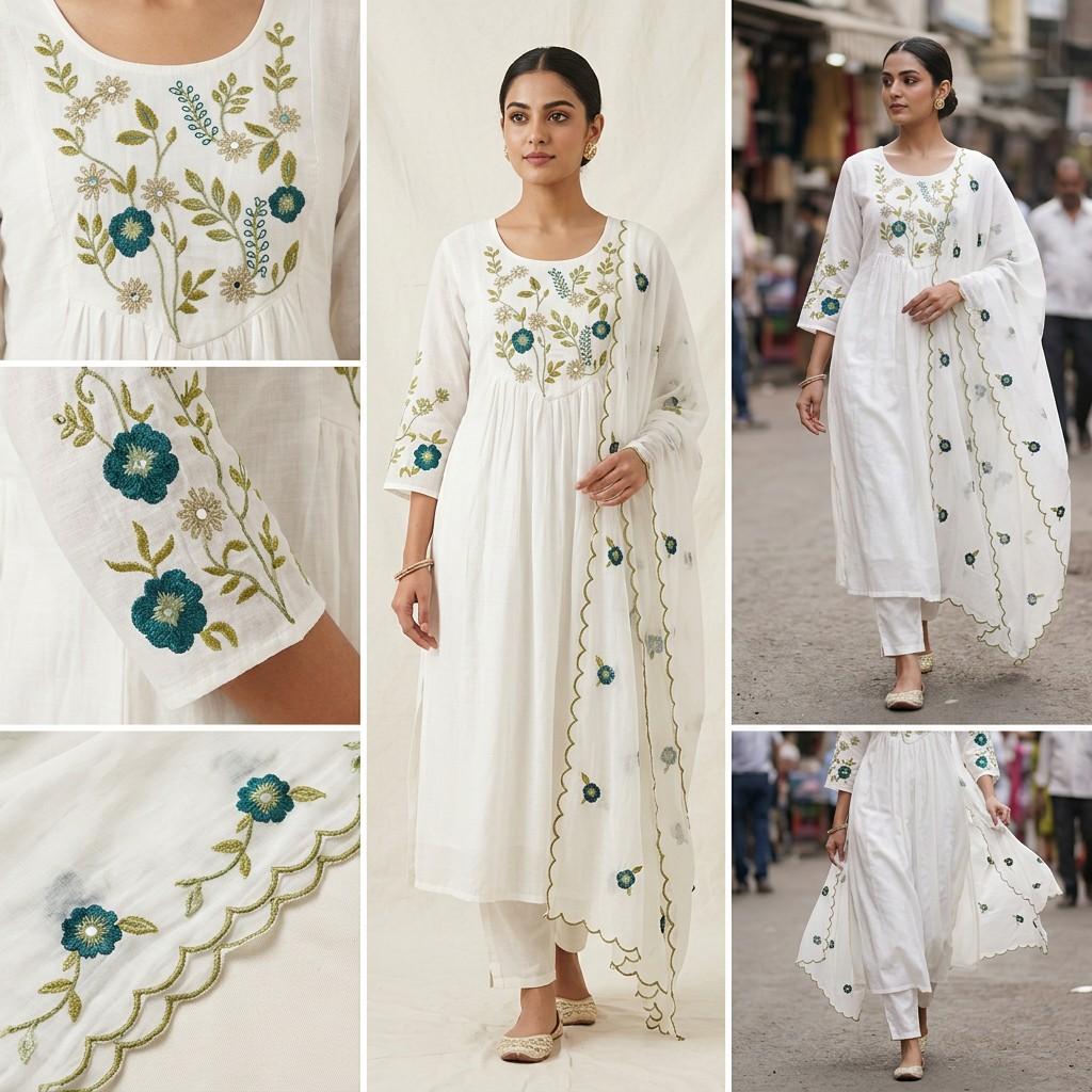 White Embroidered Kurta with Dupatta
