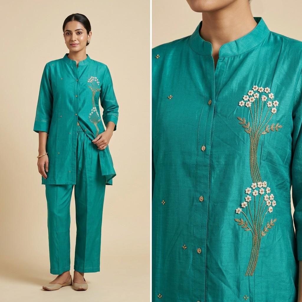Teal Embroidered Kurta with Matching Pants - One Set